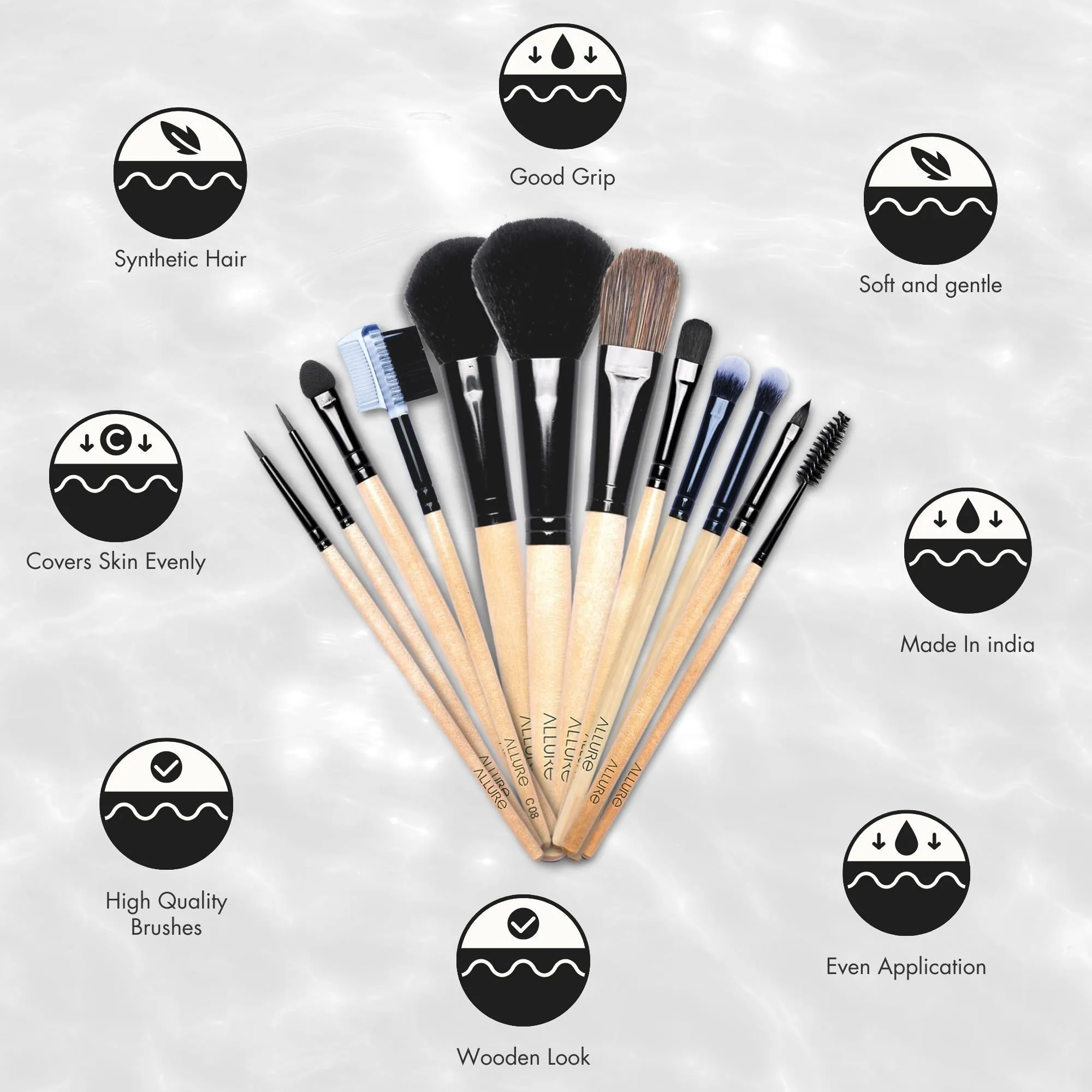 Allure Classic Ack-12 Pack Of 12 Makeup Brush Set With Travel Pouch